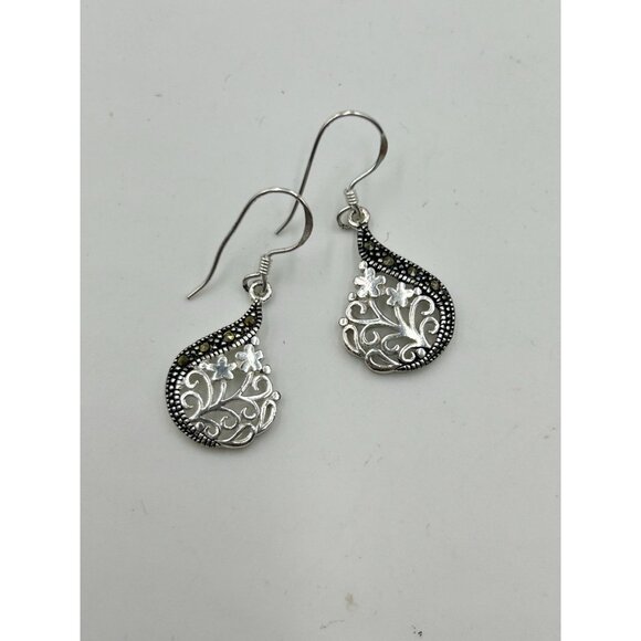 Sterling Silver Dangles Earrings Ornate Floral Drops With Marcasites - Picture 2 of 4